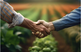Dos personas estrechando manos en un campo agrícola